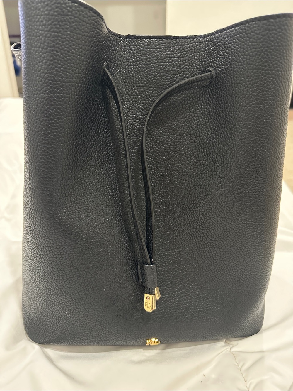 Ralph Lauren Black Pebbled Leather Drawstring Shoulder Bag
